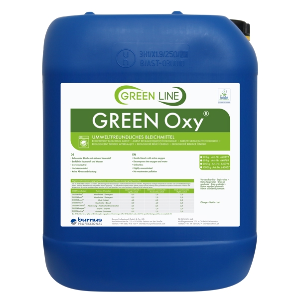 Burnus GREEN Oxy Sauerstoffbleiche stechender Geruch, farblos, flüssig, pH: 3,5 60 kg - Webstar - Hygiene- und Verbrauchsartikel - Medizin- und Pflegeprodukte - Articles d’hygiène et consommables - Produits médicaux et de soins