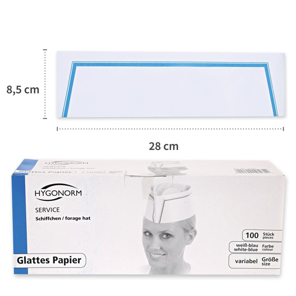 HYGOSTAR Schiffchenmütze "BUDGET" glattes Papier, oben geschlossen weiss mit blauem Rand - Webstar - Hygiene- und Verbrauchsartikel - Medizin- und Pflegeprodukte - Articles d’hygiène et consommables - Produits médicaux et de soins