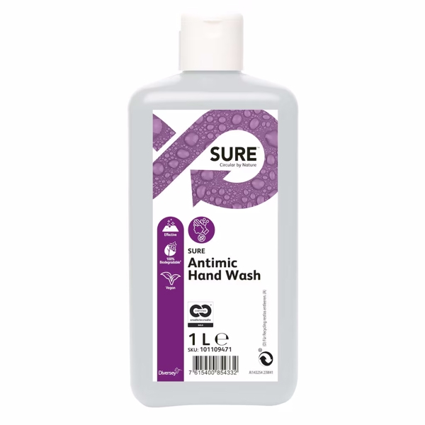 SURE Antimic Hand Wash Antimikrobielle Handwaschlotion geruchlos, farblos, pH: 2, unparfümiert zur milden Reinigung und Desinfektion von Händen 1 Liter, gebrauchsfertig - Webstar - Hygiene- und Verbrauchsartikel - Medizin- und Pflegeprodukte - Articles d’hygiène et consommables - Produits médicaux et de soins