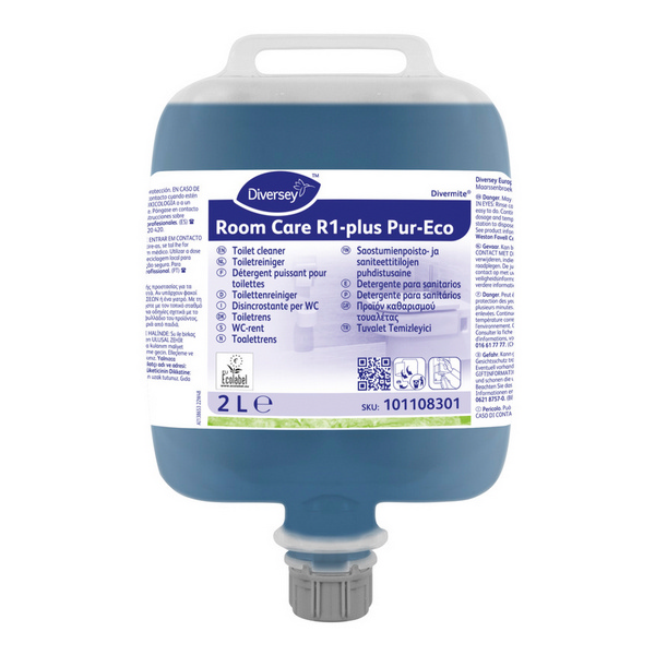 RoomCare R1-plus Pur-Eco Toilettenreiniger parfümiert, blau, flüssig, pH: <2, umweltschonend zur effektiven Entfernung von Rückständen in Toiletten und Pissoirs 2 × 2 Liter, über Dosiergerät - Webstar - Hygiene- und Verbrauchsartikel - Medizin- und Pflegeprodukte - Articles d’hygiène et consommables - Produits médicaux et de soins