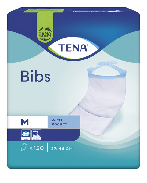 TENA Bib M Schutzserviette Weiss. Kombinationsserviette aus Zellstoff/Polyethylen. Flüssigkeitsabsorbierend und feuchtigkeitsundurchlässig. Mit Auffangtasche und Fixierbändern., 37 x 48 cm - Webstar - Hygiene- und Verbrauchsartikel - Medizin- und Pflegeprodukte - Kiosk- und Shopartikel - Fun Food Service - Schweiz - Articles d’hygiène et consommables - Produits médicaux et de soins - Produits de kiosque et de magasin - Fun Food Service - Suisse