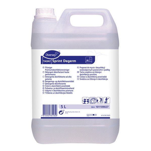 TASKI Sprint Degerm E2e Desinfektionsreiniger produktspezifisch, farblos, flüssig, pH: 11 zur Reinigung und Desinfektion von harten Oberflächen 5 Liter, Konzentrat - Webstar - Hygiene- und Verbrauchsartikel - Medizin- und Pflegeprodukte - Articles d’hygiène et consommables - Produits médicaux et de soins