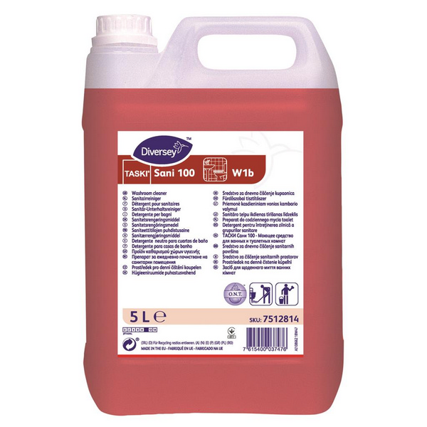 TASKI Sani 100 W1b Sanitärreiniger parfümiert, rot, flüssig, pH: 10, 5 Liter, Konzentrat - Webstar - Hygiene- und Verbrauchsartikel - Medizin- und Pflegeprodukte - Kiosk- und Shopartikel - Fun Food Service - Schweiz - Articles d’hygiène et consommables - Produits médicaux et de soins - Produits de kiosque et de magasin - Fun Food Service - Suisse