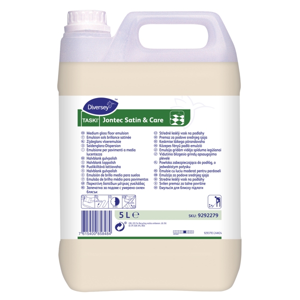 TASKI Jontec Satin & Care Bodenemulsion ammonia, weiss, flüssig, pH: 9 für einen seidenen Glanz aller glatten und wasserbeständigen Hartbelägen 5 Liter, gebrauchsfertig - Webstar - Hygiene- und Verbrauchsartikel - Medizin- und Pflegeprodukte - Articles d’hygiène et consommables - Produits médicaux et de soins