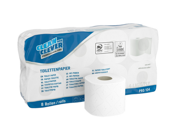 CLEAN and CLEVER Toilettenpapier Kleinrollen PRO 104 Zellstoff, 4-lagig, Rolle à 150 Blatt, 9,7 × 12,5 cm, hochweiss, Blumenprägung - Webstar - Hygiene- und Verbrauchsartikel - Medizin- und Pflegeprodukte - Kiosk- und Shopartikel - Fun Food Service - Schweiz - Articles d’hygiène et consommables - Produits médicaux et de soins - Produits de kiosque et de magasin - Fun Food Service - Suisse