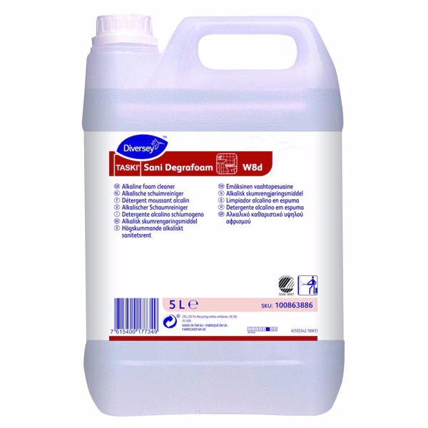 TASKI Sani Degrafoam Schaumreiniger farblos, flüssig, pH: 9, 5 Liter, Konzentrat - Webstar - Hygiene- und Verbrauchsartikel - Medizin- und Pflegeprodukte - Kiosk- und Shopartikel - Fun Food Service - Schweiz - Articles d’hygiène et consommables - Produits médicaux et de soins - Produits de kiosque et de magasin - Fun Food Service - Suisse