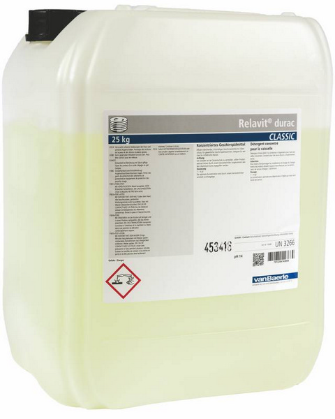 Relavit durac Classic maschinelles Geschirrwaschmittel hellgelb, flüssig, pH: 14, chlorhaltig, 25 kg - Webstar - Hygiene- und Verbrauchsartikel - Medizin- und Pflegeprodukte - Kiosk- und Shopartikel - Fun Food Service - Schweiz - Articles d’hygiène et consommables - Produits médicaux et de soins - Produits de kiosque et de magasin - Fun Food Service - Suisse