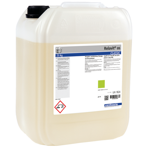 Relavit os Classic maschinelles Geschirrwaschmittel hellgelb, flüssig, pH: 14, phosphat- und silikatfrei, 25 kg - Webstar - Hygiene- und Verbrauchsartikel - Medizin- und Pflegeprodukte - Kiosk- und Shopartikel - Fun Food Service - Schweiz - Articles d’hygiène et consommables - Produits médicaux et de soins - Produits de kiosque et de magasin - Fun Food Service - Suisse