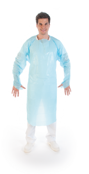 HYGOSTAR Schutzkittel CPE, blau, 0,05 mm, mit Daumenloch, 115 × 100 cm - Webstar - Hygiene- und Verbrauchsartikel - Medizin- und Pflegeprodukte - Kiosk- und Shopartikel - Fun Food Service - Schweiz - Articles d’hygiène et consommables - Produits médicaux et de soins - Produits de kiosque et de magasin - Fun Food Service - Suisse