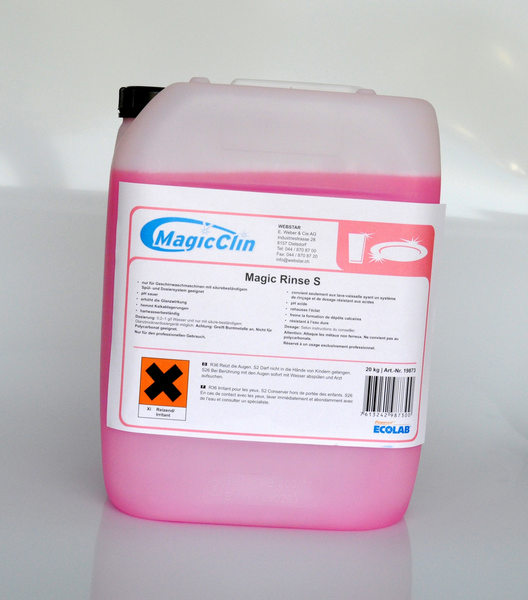 MAGIC RINSE S Klarspüler geruchlos, rosa, flüssig, pH: 2,1 - 2,3, alkoholhaltig, 20 kg, Konzentrat, über Dosiergerät - Webstar - Hygiene- und Verbrauchsartikel - Medizin- und Pflegeprodukte - Kiosk- und Shopartikel - Fun Food Service - Schweiz - Articles d’hygiène et consommables - Produits médicaux et de soins - Produits de kiosque et de magasin - Fun Food Service - Suisse