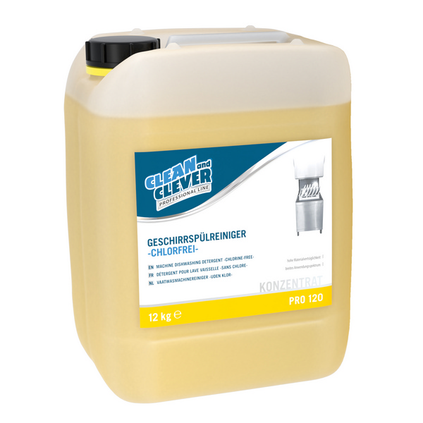 CLEAN and CLEVER Geschirrspülreiniger PRO 120 hellgelb, flüssig, pH: 12,3, chlorfrei, 12 kg, Konzentrat - Webstar - Hygiene- und Verbrauchsartikel - Medizin- und Pflegeprodukte - Kiosk- und Shopartikel - Fun Food Service - Schweiz - Articles d’hygiène et consommables - Produits médicaux et de soins - Produits de kiosque et de magasin - Fun Food Service - Suisse