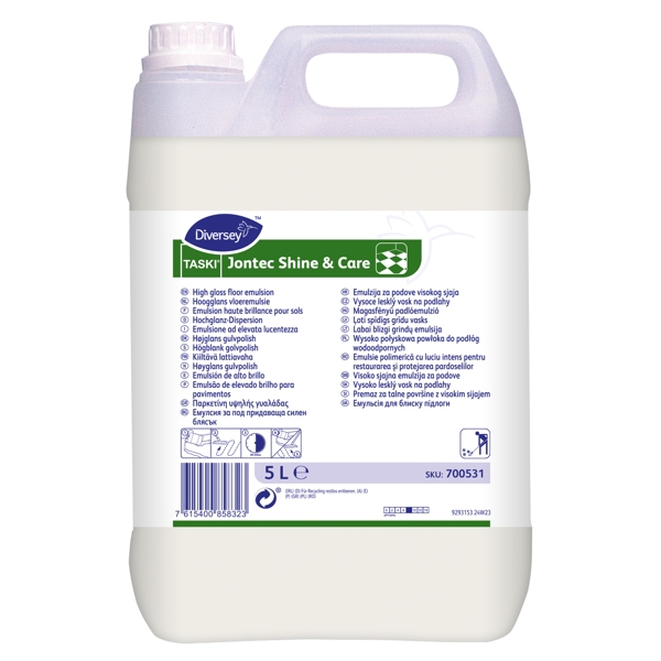 TASKI Jontec Shine & care hochglänzende Bodenemulsion weiss, flüssig, pH: 9 hochglänzender, trittsicherer Schutzfilm von allen wasserfesten Hartbelägen 5 Liter, gebrauchsfertig - Webstar - Hygiene- und Verbrauchsartikel - Medizin- und Pflegeprodukte - Articles d’hygiène et consommables - Produits médicaux et de soins