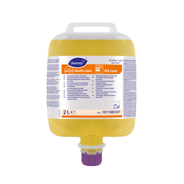 Suma Multi-conc D3 conc Allzweckreiniger parfümiert, gelb, flüssig, pH: 11, 2 Liter, Konzentrat, Diverflow mit SureLink - Webstar - Hygiene- und Verbrauchsartikel - Medizin- und Pflegeprodukte - Kiosk- und Shopartikel - Fun Food Service - Schweiz - Articles d’hygiène et consommables - Produits médicaux et de soins - Produits de kiosque et de magasin - Fun Food Service - Suisse