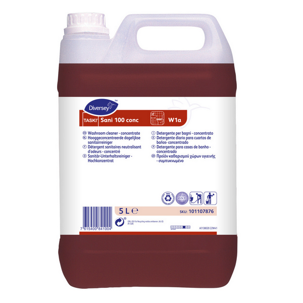 TASKI Sani 100 NC conc. W1a Sanitärreiniger parfümiert, rot, flüssig, pH: 11, 5 Liter, Konzentrat - Webstar - Hygiene- und Verbrauchsartikel - Medizin- und Pflegeprodukte - Kiosk- und Shopartikel - Fun Food Service - Schweiz - Articles d’hygiène et consommables - Produits médicaux et de soins - Produits de kiosque et de magasin - Fun Food Service - Suisse