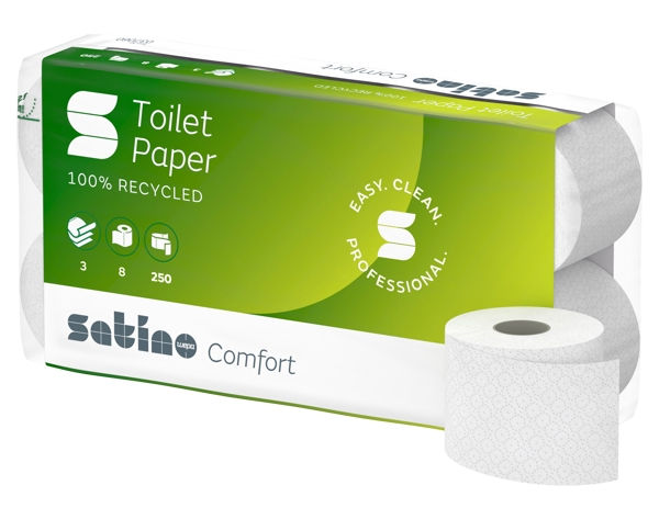Satino Comfort Toilettenpapier Kleinrollen Recycling, 3-lagig, Rolle à 250 Blatt, 9,4 × 12 cm, hochweiss, Waffelprägung - Webstar - Hygiene- und Verbrauchsartikel - Medizin- und Pflegeprodukte - Kiosk- und Shopartikel - Fun Food Service - Schweiz - Articles d’hygiène et consommables - Produits médicaux et de soins - Produits de kiosque et de magasin - Fun Food Service - Suisse