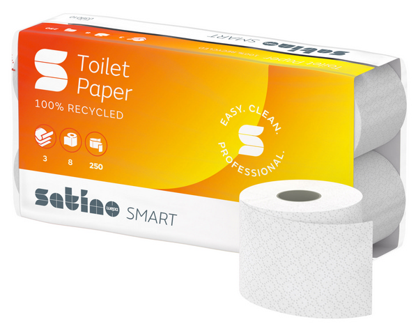 Satino Smart Toilettenpapier Kleinrollen Recycling, 3-lagig, Rolle à 250 Blatt, 9,5 × 11 cm, hochweiss, Waffelprägung - Webstar - Hygiene- und Verbrauchsartikel - Medizin- und Pflegeprodukte - Kiosk- und Shopartikel - Fun Food Service - Schweiz - Articles d’hygiène et consommables - Produits médicaux et de soins - Produits de kiosque et de magasin - Fun Food Service - Suisse