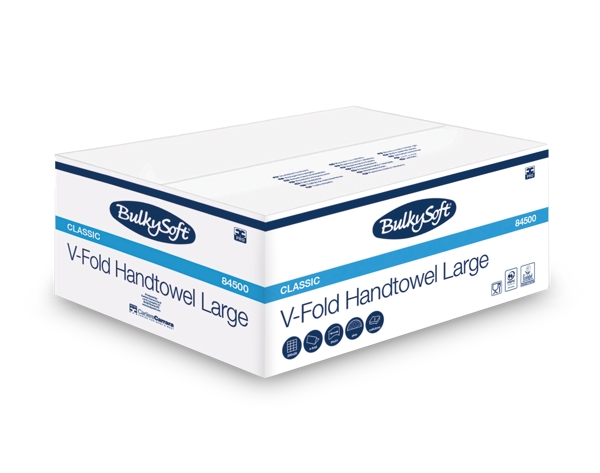 Bulkysoft Classic Handtuch V-Falzung, Zellstoff, 2-lagig, weiss, 24 × 21,5 cm, Tiefe gefaltet 10,5 cm, 200 Blatt, Microprägung - Webstar - Hygiene- und Verbrauchsartikel - Medizin- und Pflegeprodukte - Kiosk- und Shopartikel - Fun Food Service - Schweiz - Articles d’hygiène et consommables - Produits médicaux et de soins - Produits de kiosque et de magasin - Fun Food Service - Suisse