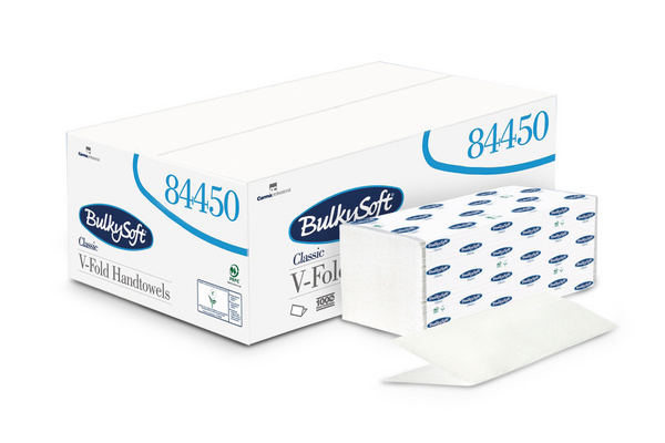 Bulkysoft Classic Handtuch V-Falzung, Zellstoff, 2-lagig, weiss, 20,5 × 21,5 cm, Tiefe gefaltet 10,5 cm, 200 Blatt, Microprägung - Webstar - Hygiene- und Verbrauchsartikel - Medizin- und Pflegeprodukte - Kiosk- und Shopartikel - Fun Food Service - Schweiz - Articles d’hygiène et consommables - Produits médicaux et de soins - Produits de kiosque et de magasin - Fun Food Service - Suisse