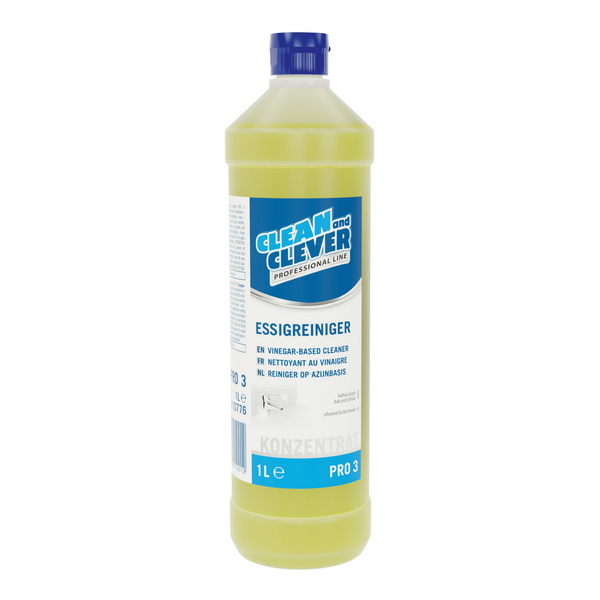CLEAN and CLEVER Essigreiniger PRO 3 gelb, flüssig, pH: 2,5 - 3,5, 1 Liter, gebrauchsfertig und Konzentrat (je nach Anwendung) - Webstar - Hygiene- und Verbrauchsartikel - Medizin- und Pflegeprodukte - Kiosk- und Shopartikel - Fun Food Service - Schweiz - Articles d’hygiène et consommables - Produits médicaux et de soins - Produits de kiosque et de magasin - Fun Food Service - Suisse