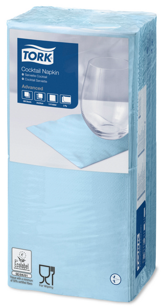 Tork Advanced Cocktail-Servietten 24 × 24 cm, 2-lagig, 1/4-Falzung, hellblau - Webstar - Hygiene- und Verbrauchsartikel - Medizin- und Pflegeprodukte - Kiosk- und Shopartikel - Fun Food Service - Schweiz - Articles d’hygiène et consommables - Produits médicaux et de soins - Produits de kiosque et de magasin - Fun Food Service - Suisse