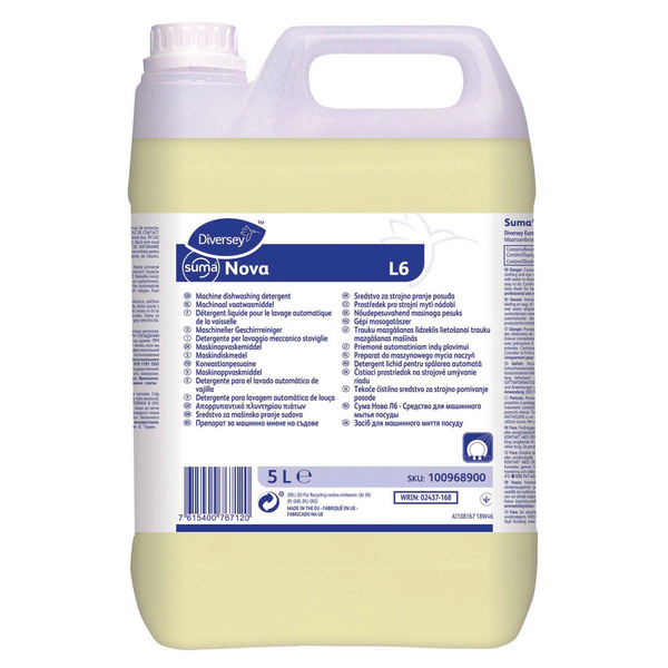 Suma Nova L6 maschinelles Geschirrwaschmittel gelb, flüssig, pH: >12, 5 Liter, über Dosiergerät - Webstar - Hygiene- und Verbrauchsartikel - Medizin- und Pflegeprodukte - Kiosk- und Shopartikel - Fun Food Service - Schweiz - Articles d’hygiène et consommables - Produits médicaux et de soins - Produits de kiosque et de magasin - Fun Food Service - Suisse