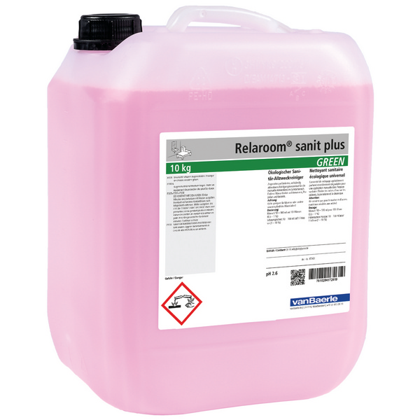 Relaroom sanit plus Green Sanitärreiniger parfümiert, rosa, flüssig, pH: 2,6, biologisch abbaubar, 10 kg, Konzentrat - Webstar - Hygiene- und Verbrauchsartikel - Medizin- und Pflegeprodukte - Kiosk- und Shopartikel - Fun Food Service - Schweiz - Articles d’hygiène et consommables - Produits médicaux et de soins - Produits de kiosque et de magasin - Fun Food Service - Suisse