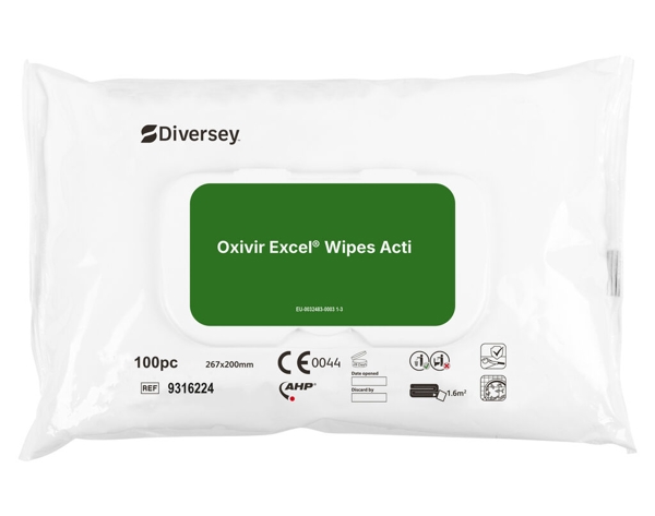 Oxivir Excel Wipe Acti Desinfektions-Reinigungstücher unparfümiert, weiss, fest, pH: 2, Wasserstoff-Peroxid-Formulierung viruzid gem. EN14476 in 30 Sekunden (inkl. Adeno-, Polio-, Corona-, Noro- und Influenzavirus) ohne Nachspülen Softpack à 100 Tücher, 20 cm × 26 cm, gebrauchsfertig - Webstar - Hygiene- und Verbrauchsartikel - Medizin- und Pflegeprodukte - Articles d’hygiène et consommables - Produits médicaux et de soins