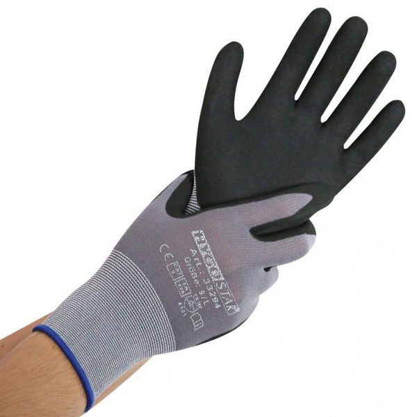 HYGOSTAR ERGO FLEX Arbeitshandschuhe aus Nylon, grau/schwarz, Nitril-PU beschichtet, Gr. L - Webstar - Hygiene- und Verbrauchsartikel - Medizin- und Pflegeprodukte - Kiosk- und Shopartikel - Fun Food Service - Schweiz - Articles d’hygiène et consommables - Produits médicaux et de soins - Produits de kiosque et de magasin - Fun Food Service - Suisse