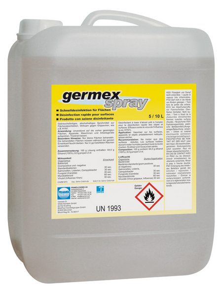 Germex Spray Flächendesinfektionsmittel charakteristischer Geruch, farblos, flüssig, pH: 7, alkoholhaltig, 10 Liter, gebrauchsfertig - Webstar - Hygiene- und Verbrauchsartikel - Medizin- und Pflegeprodukte - Kiosk- und Shopartikel - Fun Food Service - Schweiz - Articles d’hygiène et consommables - Produits médicaux et de soins - Produits de kiosque et de magasin - Fun Food Service - Suisse