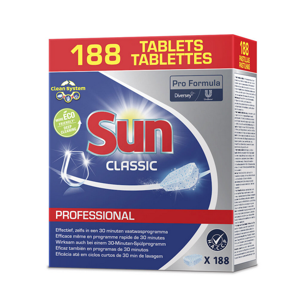 Sun Professional Classic Tabs Geschirrspültabs parfümiert, weiss, fest, pH: 11, 188 Tabs - Webstar - Hygiene- und Verbrauchsartikel - Medizin- und Pflegeprodukte - Kiosk- und Shopartikel - Fun Food Service - Schweiz - Articles d’hygiène et consommables - Produits médicaux et de soins - Produits de kiosque et de magasin - Fun Food Service - Suisse