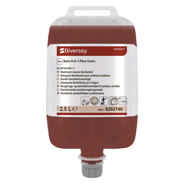 TASKI Sani 4 in 1 QS Sanitärreiniger parfümiert, rot, flüssig, pH: <2 zur Kalkentfernung, Reinigung, Desinfektion und Geruchsneutralisation aller säure- und wasserbeständigen Oberflächen im Sanitärbereich 2,5 Liter, Konzentrat, über Dosiervorrichtung - Webstar - Hygiene- und Verbrauchsartikel - Medizin- und Pflegeprodukte - Articles d’hygiène et consommables - Produits médicaux et de soins