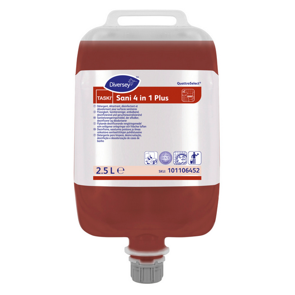 TASKI Sani 4 in 1 QS Sanitärreiniger parfümiert, rot, flüssig, pH: <2, 2,5 Liter, Konzentrat, via dispositif de dosage - Webstar - Hygiene- und Verbrauchsartikel - Medizin- und Pflegeprodukte - Kiosk- und Shopartikel - Fun Food Service - Schweiz - Articles d’hygiène et consommables - Produits médicaux et de soins - Produits de kiosque et de magasin - Fun Food Service - Suisse