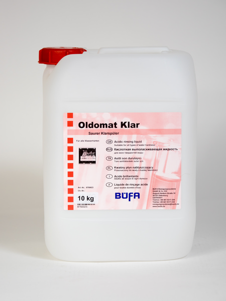 Oldomat Klar Klarspüler farblos, flüssig, pH: 2, 10 Liter - Webstar - Hygiene- und Verbrauchsartikel - Medizin- und Pflegeprodukte - Kiosk- und Shopartikel - Fun Food Service - Schweiz - Articles d’hygiène et consommables - Produits médicaux et de soins - Produits de kiosque et de magasin - Fun Food Service - Suisse