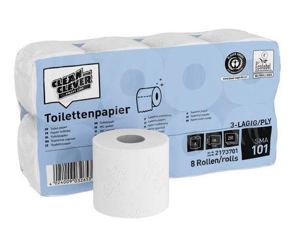 CLEAN and CLEVER Toilettenpapier Kleinrollen SMA 101 Recycling, 3-lagig, Rolle à 250 Blatt, 9,4 × 11 cm, weiss, Waffelprägung - Webstar - Hygiene- und Verbrauchsartikel - Medizin- und Pflegeprodukte - Kiosk- und Shopartikel - Fun Food Service - Schweiz - Articles d’hygiène et consommables - Produits médicaux et de soins - Produits de kiosque et de magasin - Fun Food Service - Suisse
