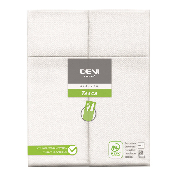 Deni meet Tasca Besteck-Servietten Airlaid, 40 × 32 cm, 1/8-Falzung, weiss - Webstar - Hygiene- und Verbrauchsartikel - Medizin- und Pflegeprodukte - Kiosk- und Shopartikel - Fun Food Service - Schweiz - Articles d’hygiène et consommables - Produits médicaux et de soins - Produits de kiosque et de magasin - Fun Food Service - Suisse