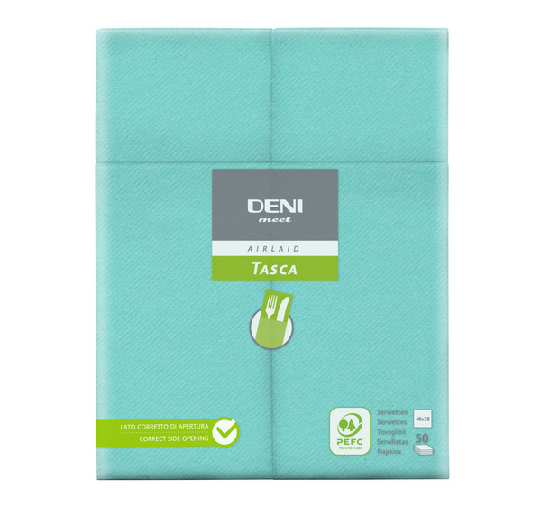 Deni meet Tasca Besteck-Servietten Airlaid, 40 × 32 cm, 1/8-Falzung, acqua - Webstar - Hygiene- und Verbrauchsartikel - Medizin- und Pflegeprodukte - Kiosk- und Shopartikel - Fun Food Service - Schweiz - Articles d’hygiène et consommables - Produits médicaux et de soins - Produits de kiosque et de magasin - Fun Food Service - Suisse