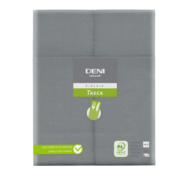 Deni meet Tasca Besteck-Servietten Airlaid, 40 × 32 cm, 1/8-Falzung, grau - Webstar - Hygiene- und Verbrauchsartikel - Medizin- und Pflegeprodukte - Kiosk- und Shopartikel - Fun Food Service - Schweiz - Articles d’hygiène et consommables - Produits médicaux et de soins - Produits de kiosque et de magasin - Fun Food Service - Suisse