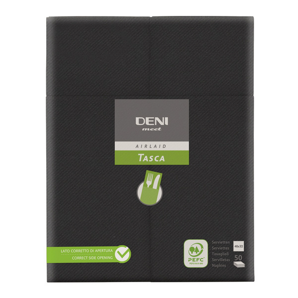 Deni meet Tasca Besteck-Servietten Airlaid, 40 × 32 cm, 1/8-Falzung, schwarz - Webstar - Hygiene- und Verbrauchsartikel - Medizin- und Pflegeprodukte - Kiosk- und Shopartikel - Fun Food Service - Schweiz - Articles d’hygiène et consommables - Produits médicaux et de soins - Produits de kiosque et de magasin - Fun Food Service - Suisse