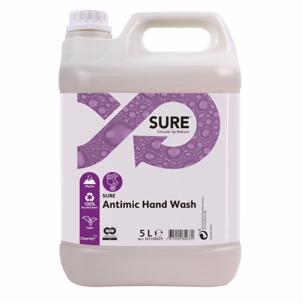SURE Antimic Hand Wash Antimikrobielle Handwaschlotion geruchlos, farblos, pH: 2, unparfümiert zur milden Reinigung und Desinfektion von Händen 5 Liter, gebrauchsfertig - Webstar - Hygiene- und Verbrauchsartikel - Medizin- und Pflegeprodukte - Articles d’hygiène et consommables - Produits médicaux et de soins
