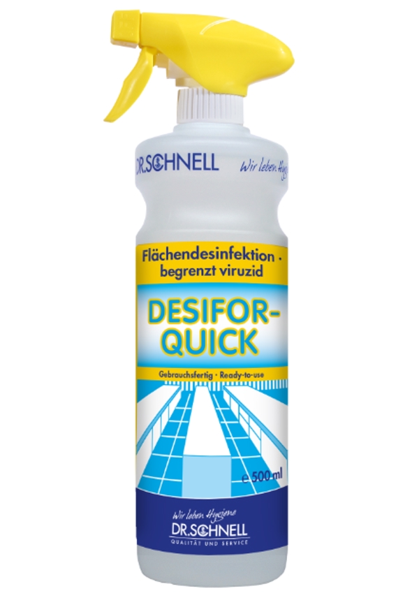 DESIFOR-QUICK Flächendesinfektionsmittel farblos, flüssig, pH: 5,5, alkoholhaltig zur rückstandsfreien Schnelldesinfektion alkoholbeständiger Oberflächen 500 ml, gebrauchsfertig, mit Sprühköpfe - Webstar - Hygiene- und Verbrauchsartikel - Medizin- und Pflegeprodukte - Articles d’hygiène et consommables - Produits médicaux et de soins