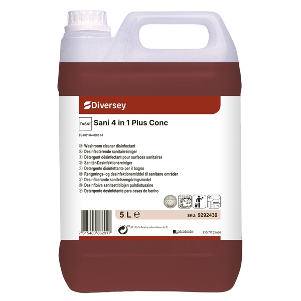 TASKI Sani 4 in 1 Plus conc Sanitärreiniger parfümiert, rot, flüssig, pH: <2 zur Reinigung, Kalkentfernung, Desinfektion und Geruchsneturalisation aller säure- und wasserbeständigen Oberflächen 5 Liter, Konzentrat - Webstar - Hygiene- und Verbrauchsartikel - Medizin- und Pflegeprodukte - Articles d’hygiène et consommables - Produits médicaux et de soins