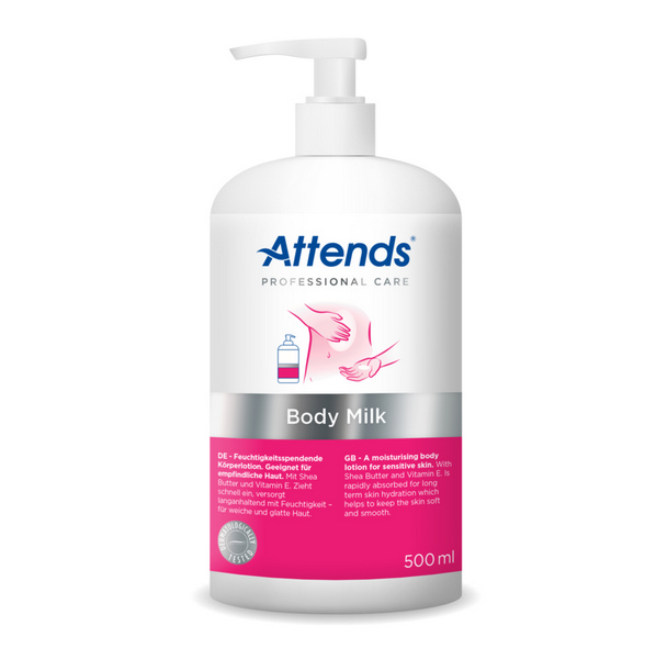 ATTENDS Body Milk leicht parfümiert, pH: 5 - 6, mit Vitamin E, alkoholfrei, 500 ml - Webstar - Hygiene- und Verbrauchsartikel - Medizin- und Pflegeprodukte - Kiosk- und Shopartikel - Fun Food Service - Schweiz - Articles d’hygiène et consommables - Produits médicaux et de soins - Produits de kiosque et de magasin - Fun Food Service - Suisse