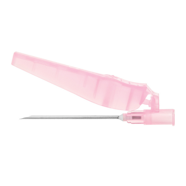 SOL-CARE Sicherheitskanüle 18G*1 1/2, Länge 40 mm, äusserer Durchmesser 1.2 mm, rosa, steril, 100 Stück im Dispenser