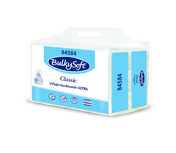 Bulkysoft Classic Handtuch V-Falzung, Zellstoff, 2-lagig, weiss, 24 × 21 cm, Tiefen gefaltet 10,5 cm, 250 Blatt, Microprägung - Webstar - Hygiene- und Verbrauchsartikel - Medizin- und Pflegeprodukte - Kiosk- und Shopartikel - Fun Food Service - Schweiz - Articles d’hygiène et consommables - Produits médicaux et de soins - Produits de kiosque et de magasin - Fun Food Service - Suisse