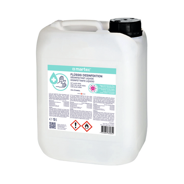 Martec Handdesinfektionsmittel mit Aloe-Extrakt farblos, flüssig, pH: 6,5, alkoholhaltig, 5 Liter - Webstar - Hygiene- und Verbrauchsartikel - Medizin- und Pflegeprodukte - Kiosk- und Shopartikel - Fun Food Service - Schweiz - Articles d’hygiène et consommables - Produits médicaux et de soins - Produits de kiosque et de magasin - Fun Food Service - Suisse