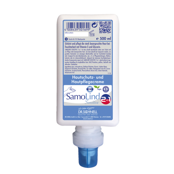 SAMOLIND SENSITIVE 2in1 Hautschutz- und Hautpflegecreme weiss, cremig, pH: 5,5, parfüm-, farbstoff- und silikonfrei, Spenderflasche V10, 10 x 500 ml - Webstar - Hygiene- und Verbrauchsartikel - Medizin- und Pflegeprodukte - Kiosk- und Shopartikel - Fun Food Service - Schweiz - Articles d’hygiène et consommables - Produits médicaux et de soins - Produits de kiosque et de magasin - Fun Food Service - Suisse