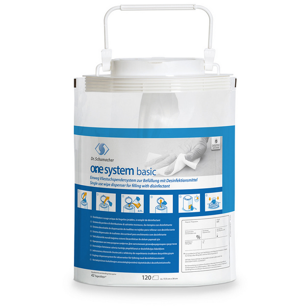 Dr. Schumacher One system basic Flächendesinfektionstücher fusselarmen Vliesstoff (100% PETKunstfaser), 2.5 Liter Desinfektionslösung, Dose à 120 Tücher, 17,5 cm × 36 cm - Webstar - Hygiene- und Verbrauchsartikel - Medizin- und Pflegeprodukte - Kiosk- und Shopartikel - Fun Food Service - Schweiz - Articles d’hygiène et consommables - Produits médicaux et de soins - Produits de kiosque et de magasin - Fun Food Service - Suisse