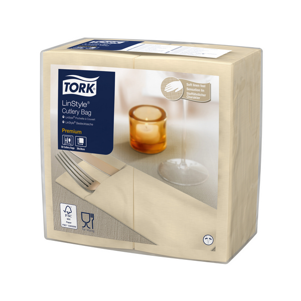 Tork Linstyle Premium Bestecktaschen Airlaid, 39 × 39 cm, cream - Webstar - Hygiene- und Verbrauchsartikel - Medizin- und Pflegeprodukte - Kiosk- und Shopartikel - Fun Food Service - Schweiz - Articles d’hygiène et consommables - Produits médicaux et de soins - Produits de kiosque et de magasin - Fun Food Service - Suisse