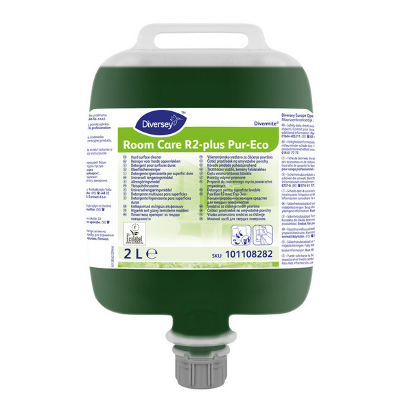 RoomCare R2-plus Pur-Eco Allzweckreiniger parfümiert, grün, flüssig, pH: 11 2 Liter, Konzentrat, über Dosiergerät DVM Divermite - Webstar - Hygiene- und Verbrauchsartikel - Medizin- und Pflegeprodukte - Articles d’hygiène et consommables - Produits médicaux et de soins
