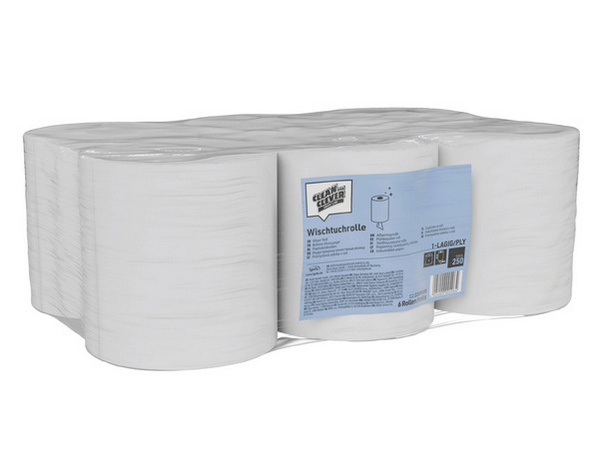 CLEAN and CLEVER Wischtuchrolle SMA 250 Recycling, 1-lagig, Innenabrollung, 19 cm × 300 lfm, Aussen Ø 20 cm, Innen Ø 6 cm, geprägt, weiss - Webstar - Hygiene- und Verbrauchsartikel - Medizin- und Pflegeprodukte - Kiosk- und Shopartikel - Fun Food Service - Schweiz - Articles d’hygiène et consommables - Produits médicaux et de soins - Produits de kiosque et de magasin - Fun Food Service - Suisse